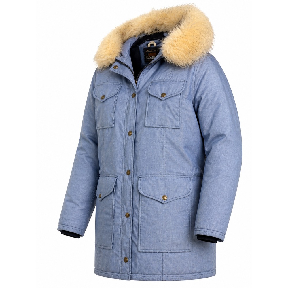 VTG Eddie Bauer Down Puffer Jacket Women M Blue Fur Hood Full Zip LS 70's USA